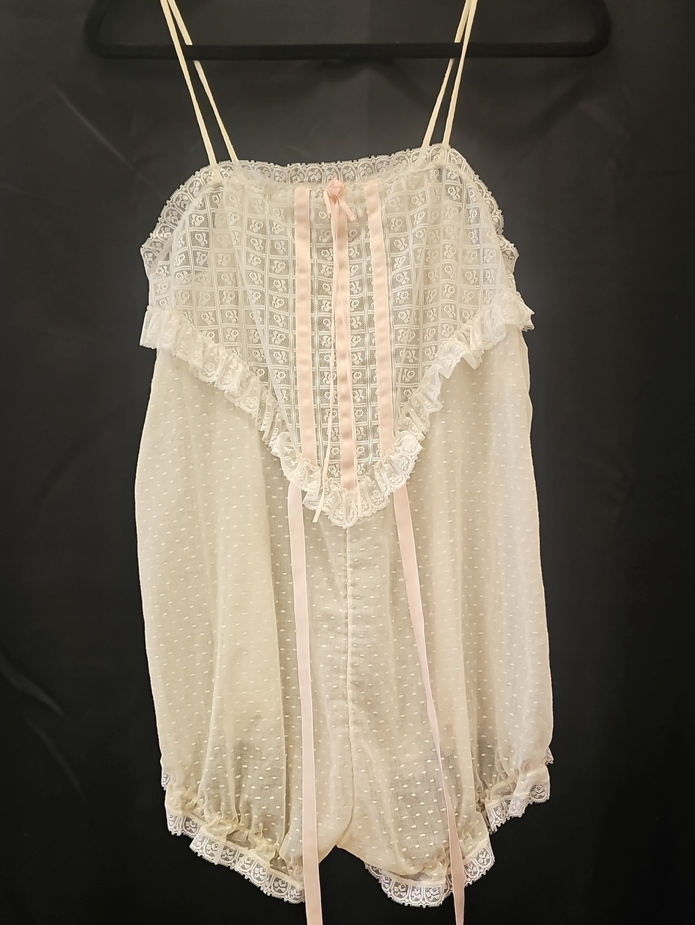 Sheer Ivory Lace Romper with Pink Ribbon Accents, Bloomers